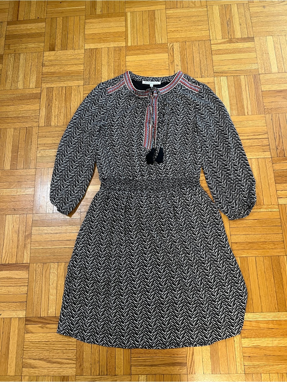 Boho Chic Daniel Rainn Black & White Chevron Tie-Neck Dress with Red Trim XS